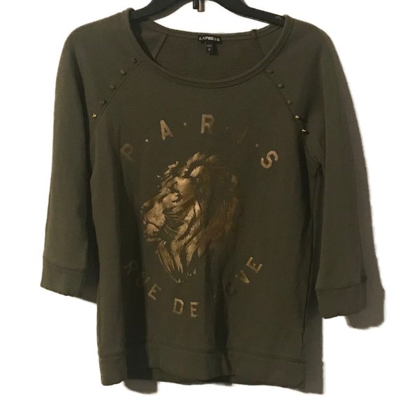 Express 3/4 Sleeve Green and Gold Lion Paris Sweater - Picture 1 of 6